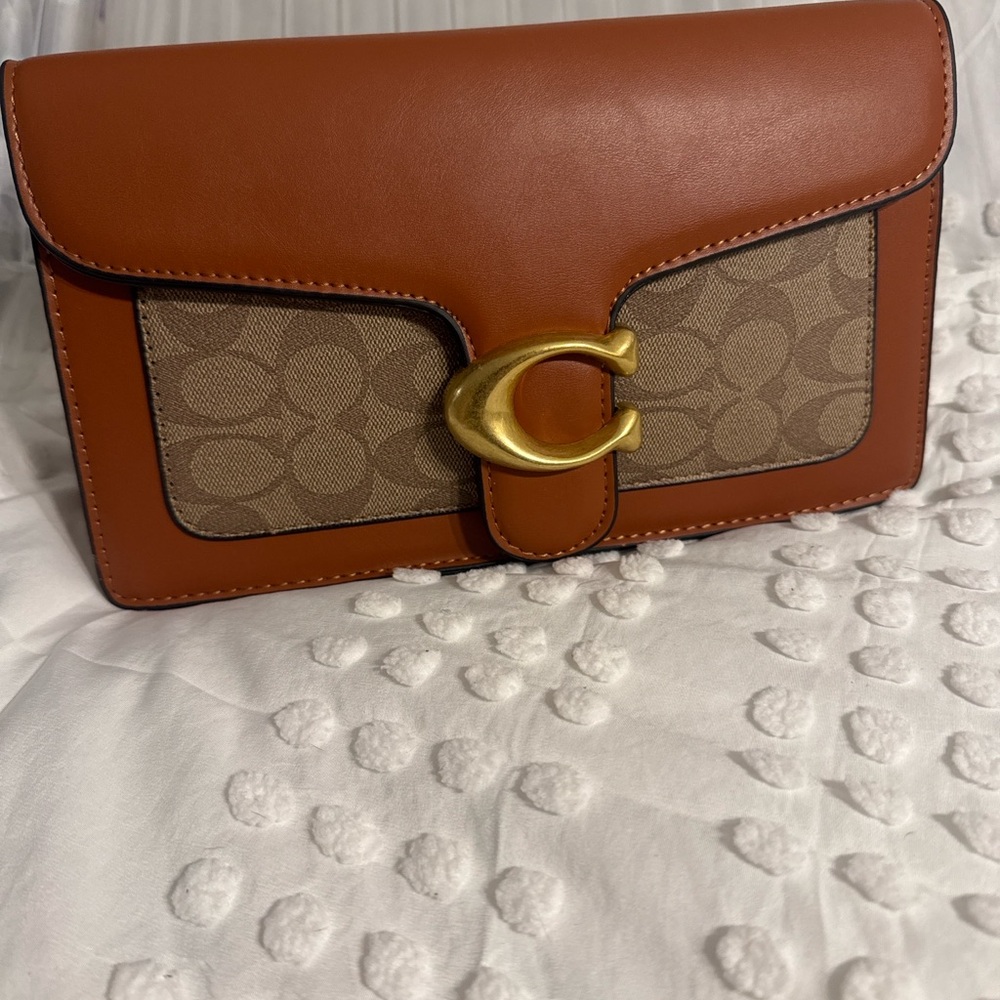 Brown and Tan Leather Clutch with Gold Accent no